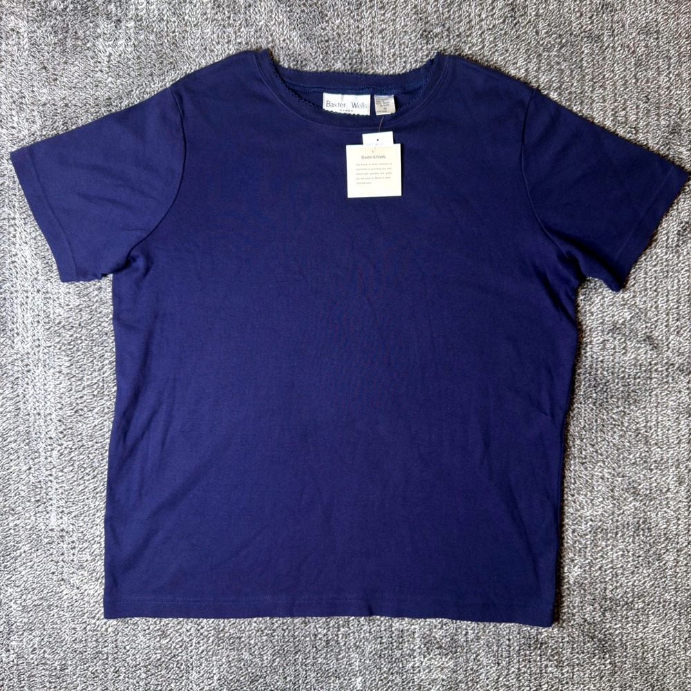 Baxter & Wells Woman Navy Blue Cotton Picot Trim Crew Neck T-Shirt 1X HS02701W